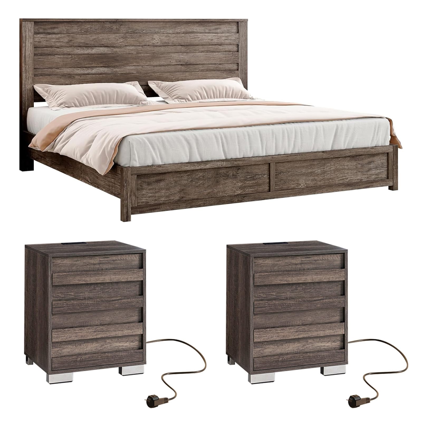LUXOAK 3 Pcs Bedroom Furniture Sets,Includes Farmhouse King Size Bed Frame with 49" Tall Headboard and Nightstand Sets of 2 with Charging Station, Slated Handles & Stainless Steel Feet, Rustic Grey