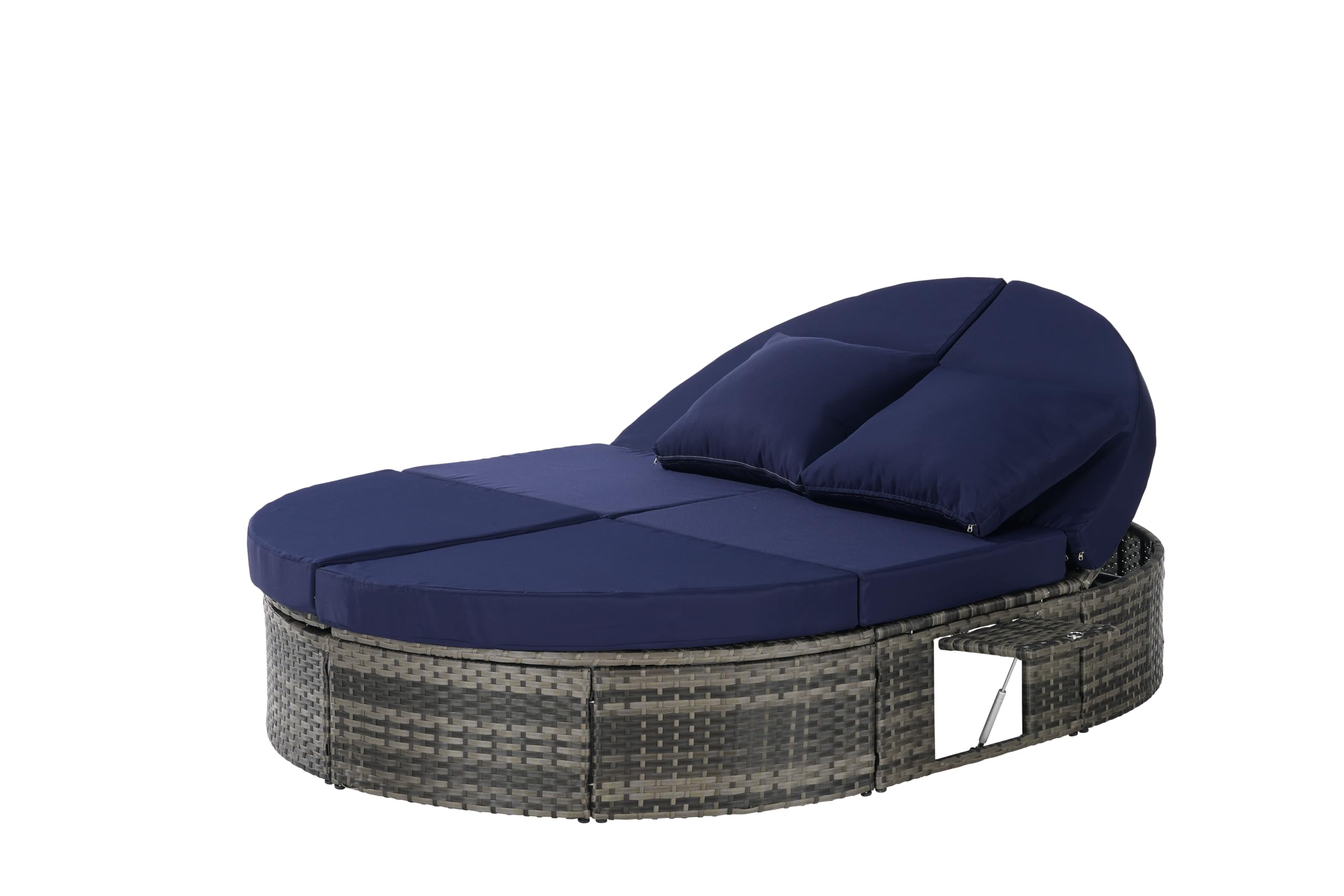 SOFTSEA Outdoor Daybed with Adjustable Backrest, Patio Oval Wicker Sun Bed with Foldable Cup Trays, Rattan Reclining Chaise Lounge with Cushion and Pillows for Lawn, Poolside, Dark Blue