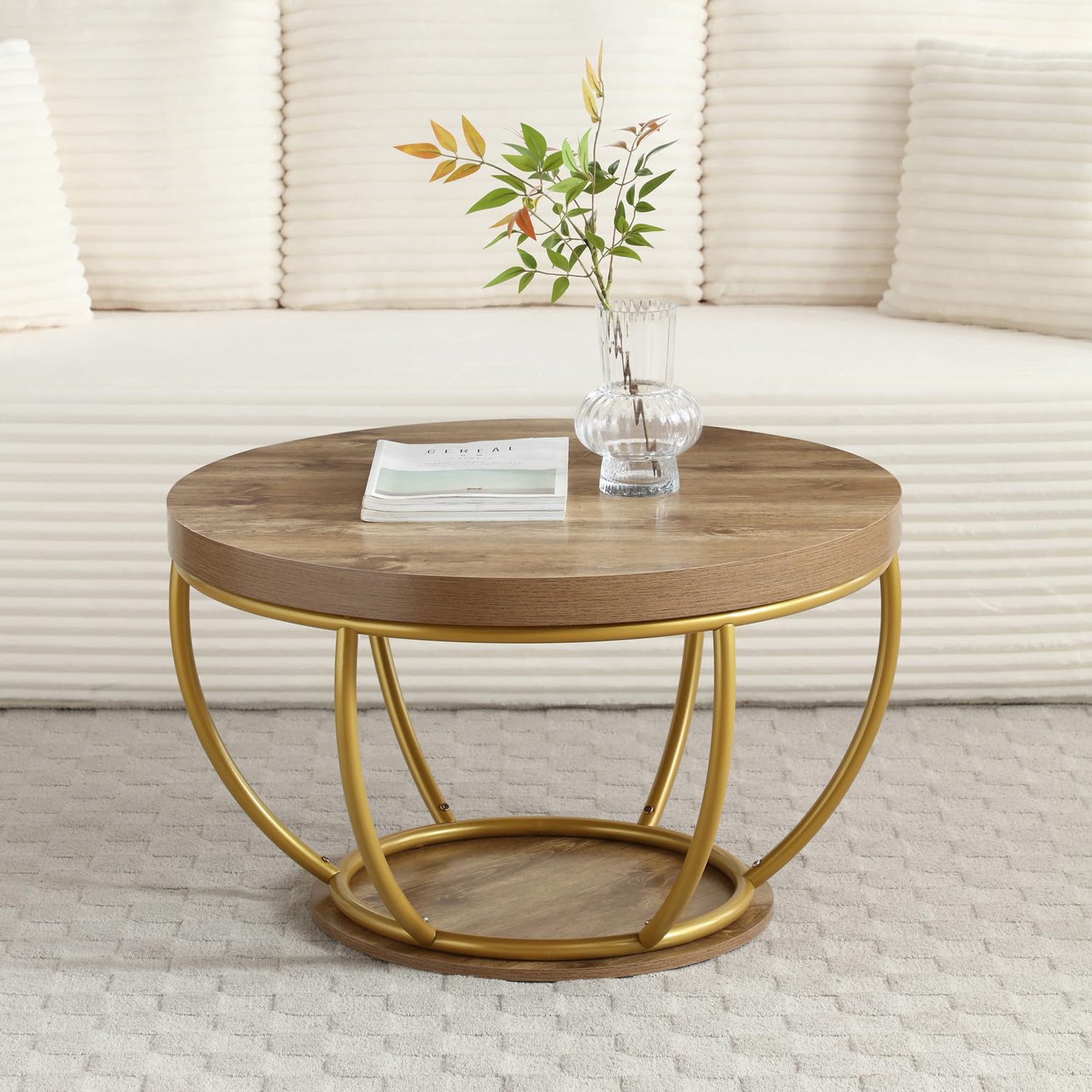 ivoros Round Coffee Table, 31" Circle Coffee Table for Living Room, 2-Tier Wood Coffee Table with Open Storage Shelf, Industrial Accent Center Table for Home Office Apartment (Gold Leg)