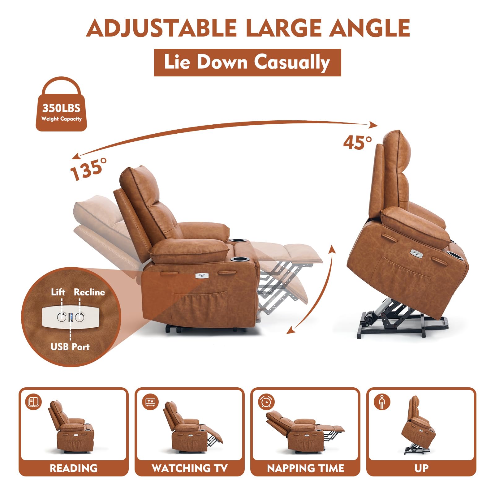 Polar Aurora Power Lift Chair for Elderly,Electric Recliner Chair with Vibrating Massage & Heating,Living Room Chair with Thickened armrest,USB Ports,2 Cup Holders