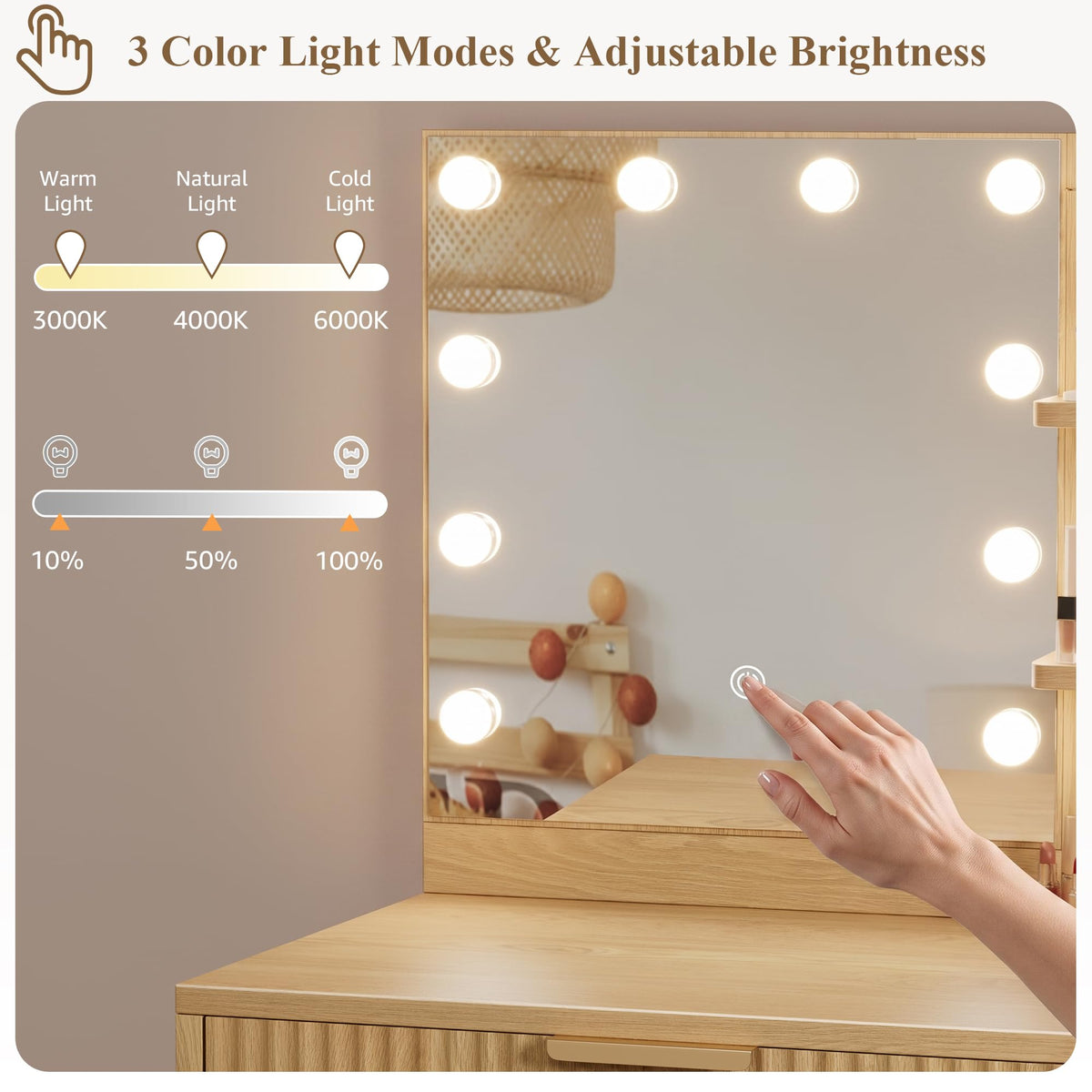 Fluted Makeup Vanity with Lights and Stool