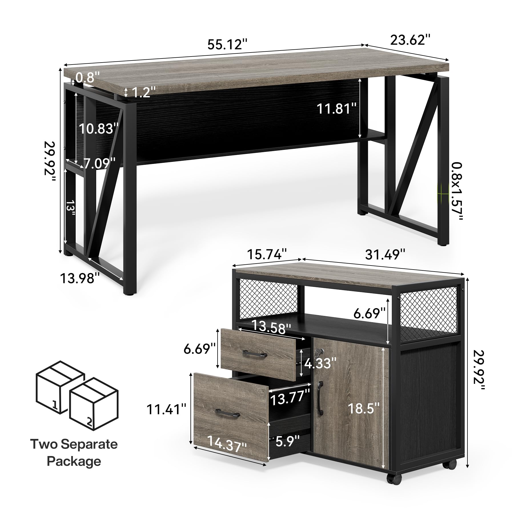 LITTLE TREE 55" Executive Computer Desk and Lateral File Cabinet, L-Shaped Office Desk for Home Office, Furniture Set, Grey