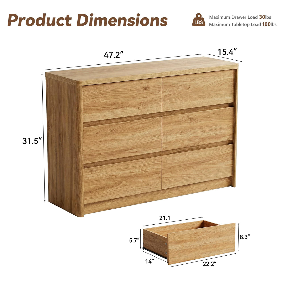 Now Mais Oak Dresser for Bedroom, 47.2" Wide Mid Century Modern Chest of Drawers with 6 Large Storage Space and Curved Edge Design, 6 Drawer Large Dresser for Bedroom