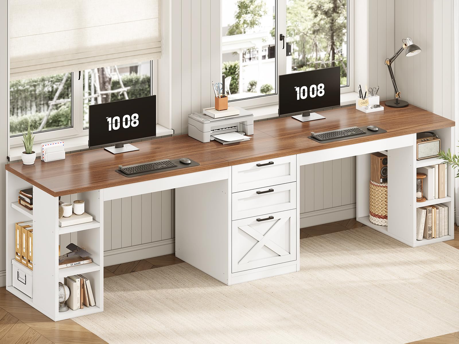 SEDETA Farmhouse 96.5" Computer Desk with Drawers, 2 Person Home Office Desk, Gaming Double Desk with Storage Shelves, Long Two Person Writing Desk (White and Brown)