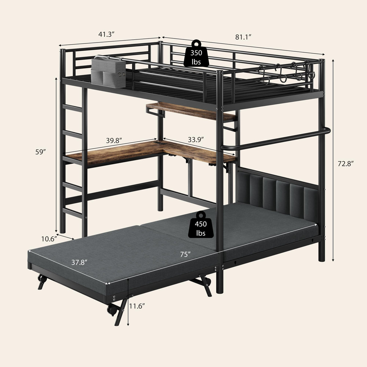 Jocoevol Twin Loft Bed with Desk and Mattress, Metal Bunk Bed Frame, Black