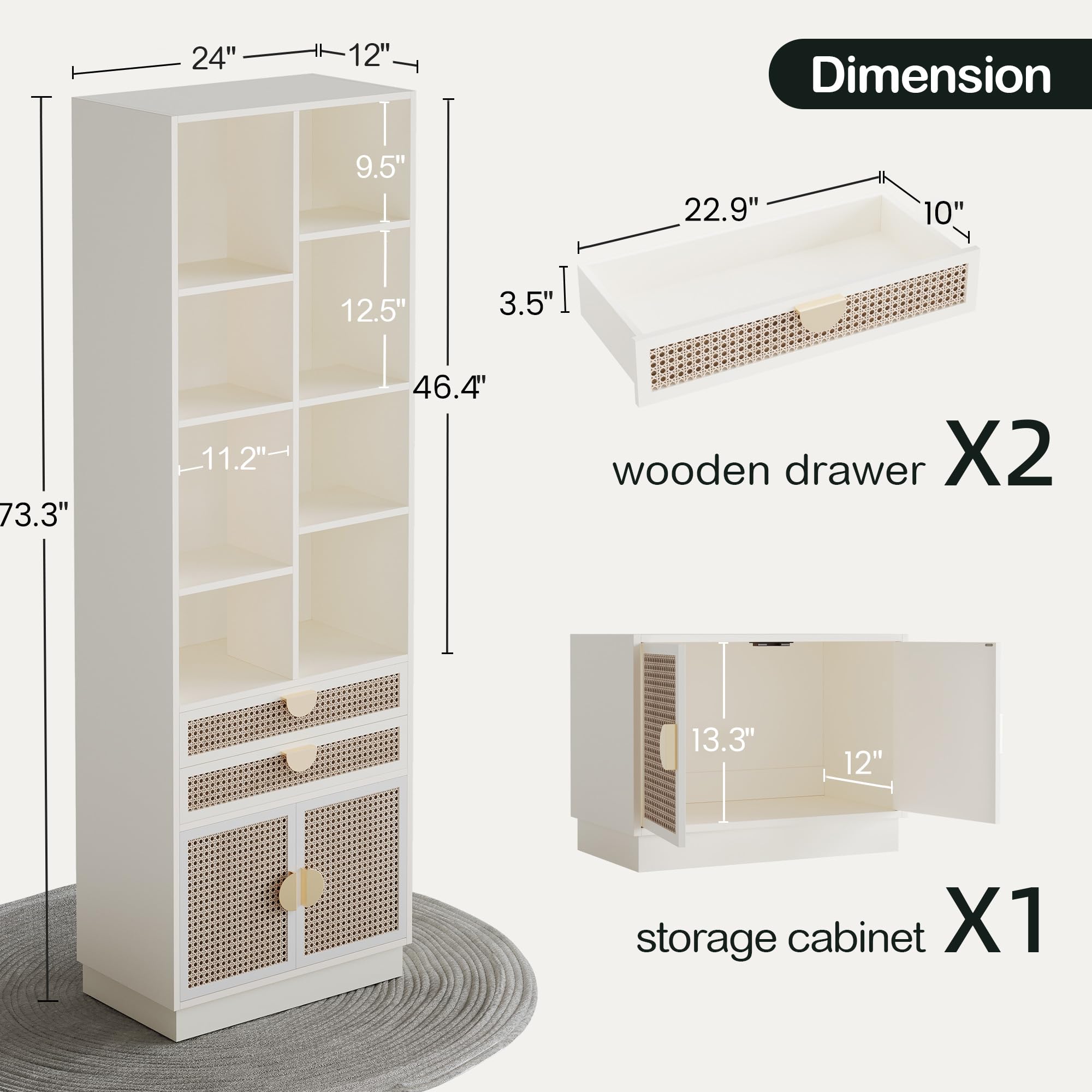 ModernMate Wood Bookcase with 2 Drawers and Doors, 8 Storage Cubes, Tall Bookshelf, Modern Bookcases, Wooden Bookshelves for Home and Office, Living Room, Study, White Rattan