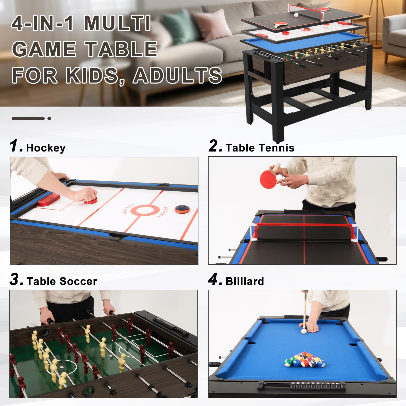 54" 4-in-1 Swivel Multi Game Table, Combo Game Table Set w/Air Hockey, Billiards, Foosball, Table Tennis for Adults, Space-Saving Sports Table for Home Game Room Party