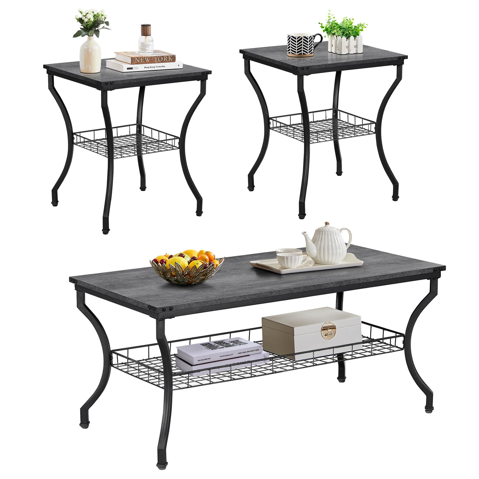 3-Piece Coffee & End Table Set with Storage Shelves