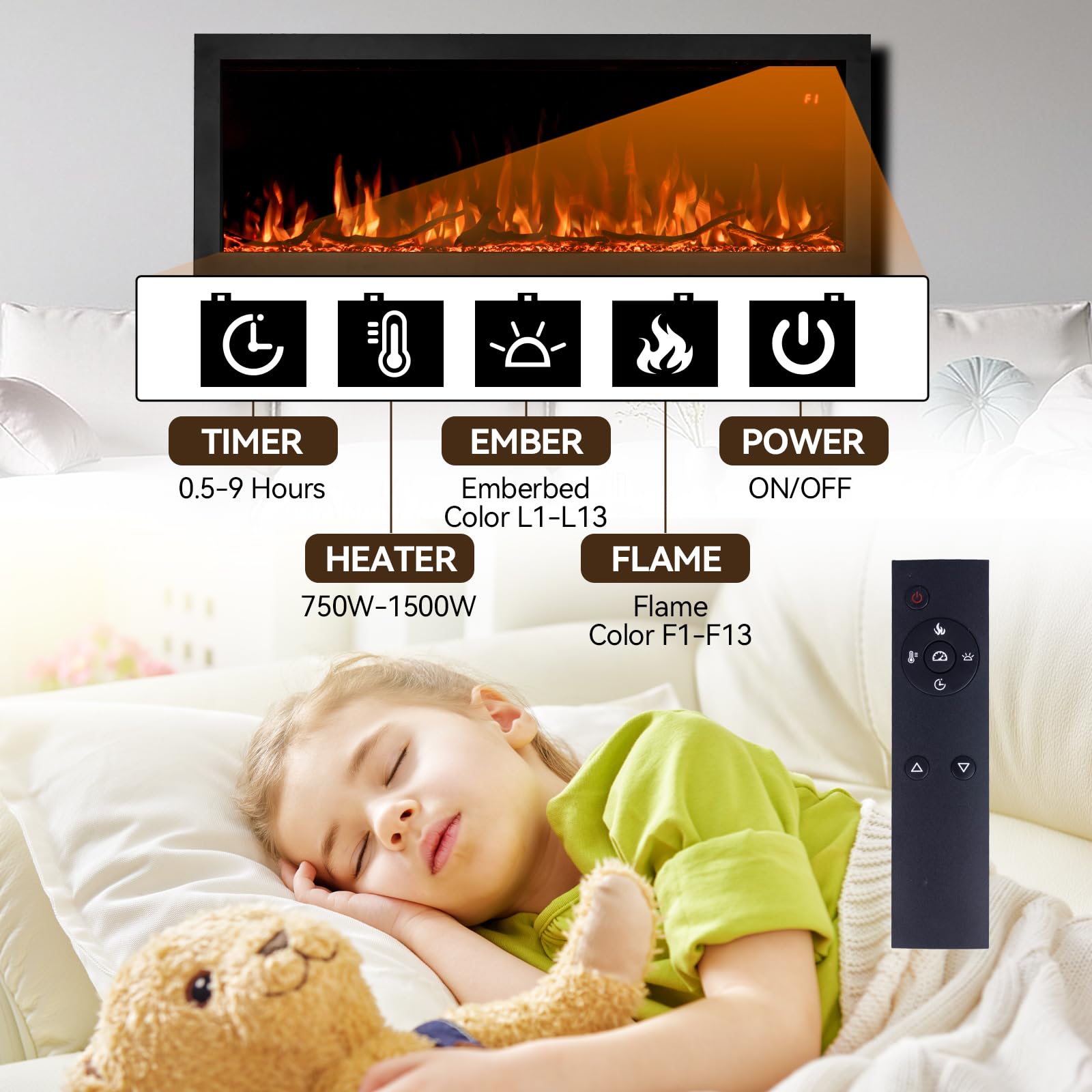 60-Inch Wall Mount Electric Fireplace with App & Remote Control