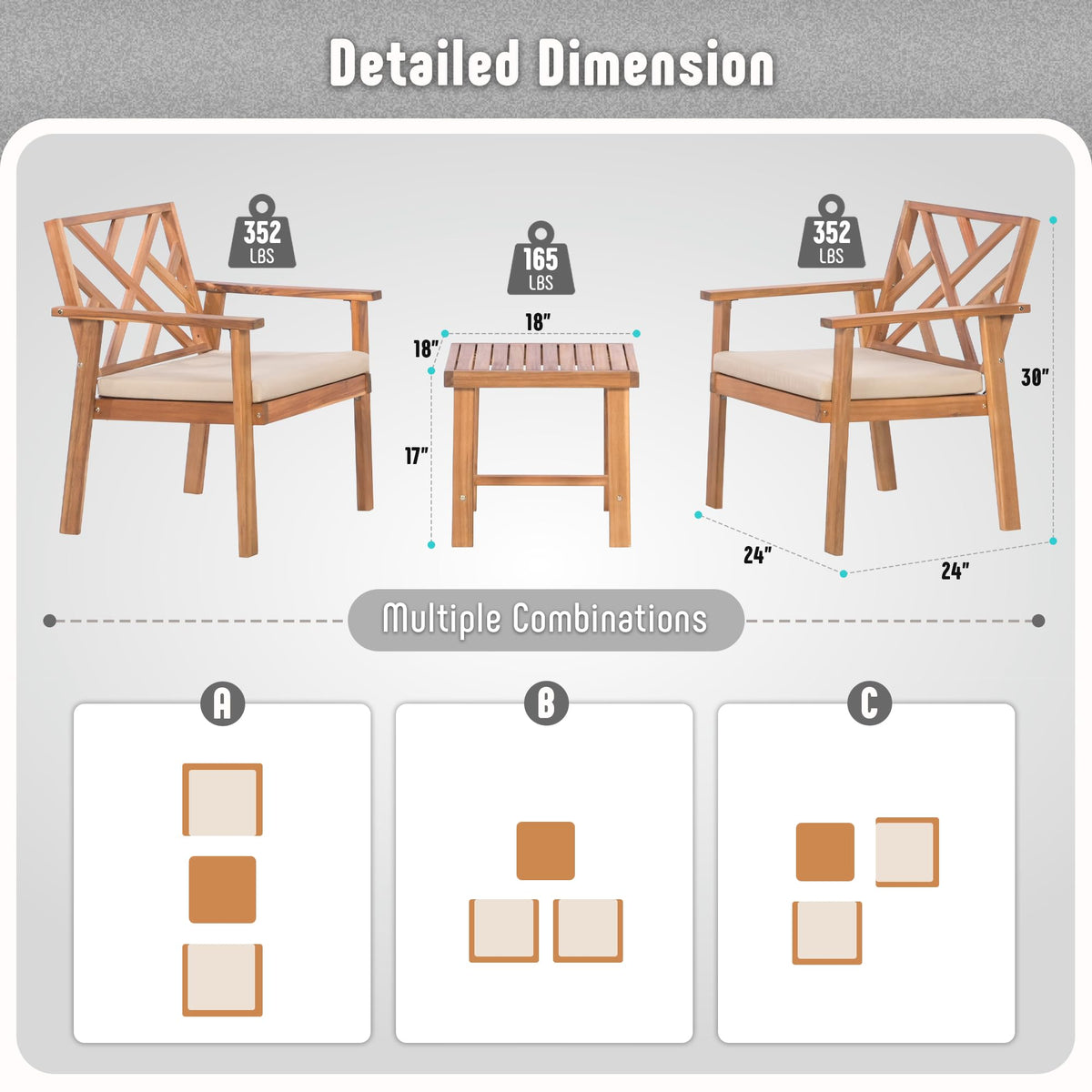 Werph 3-Piece Acacia Wood Outdoor Patio Furniture Set