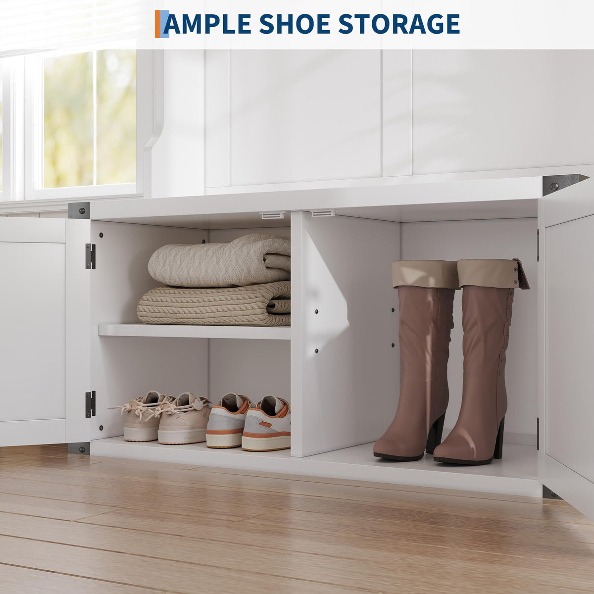 White Farmhouse Hall Tree with Shoe Storage