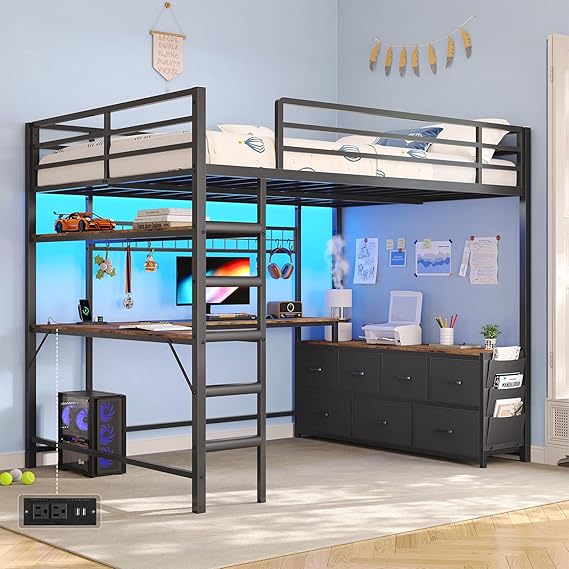 Full Size Loft Bed with Desk & Storage