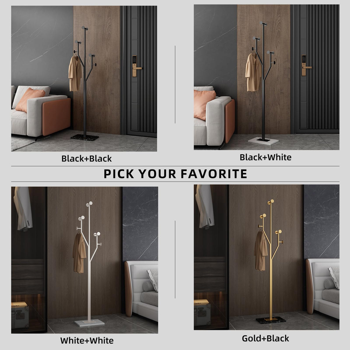 JIAYUEJU Freestanding Coat Rack Marble Base Coat Tree Heavy Duty(Black)