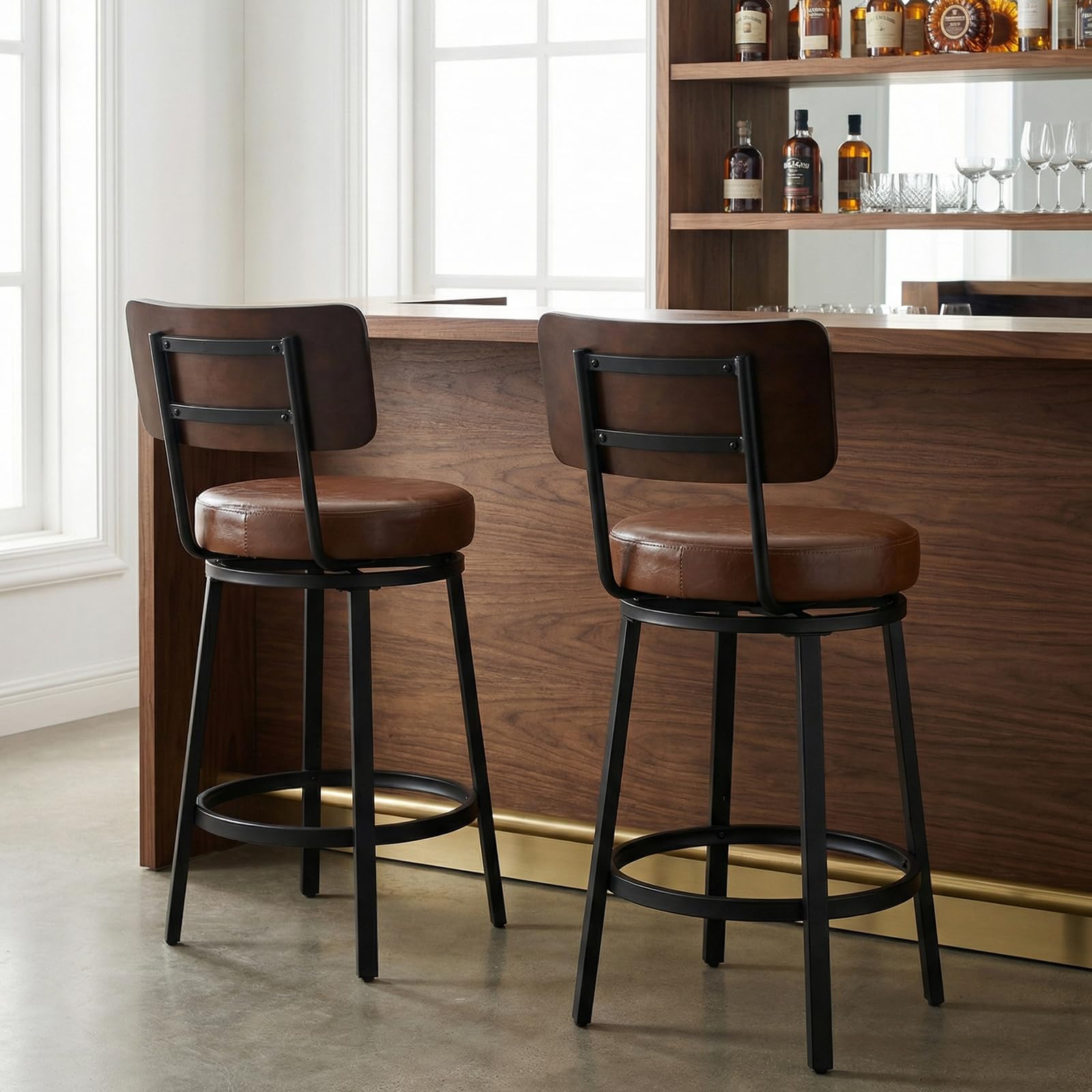 Swivel Bar Stools Set of 2 with Wood Backrest & Metal Legs