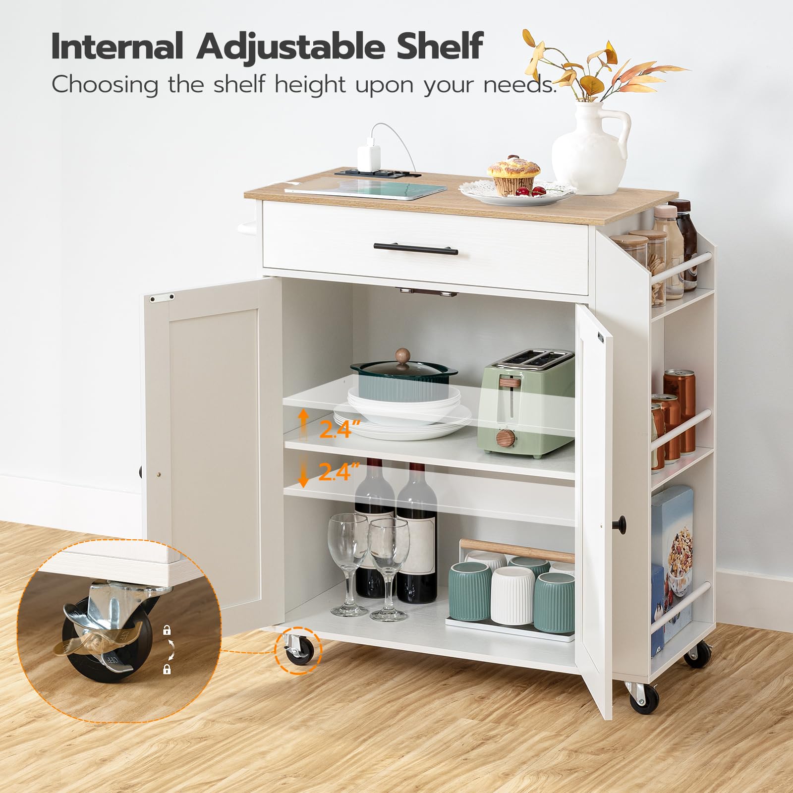 Rolling Kitchen Island Cart with Power Outlet