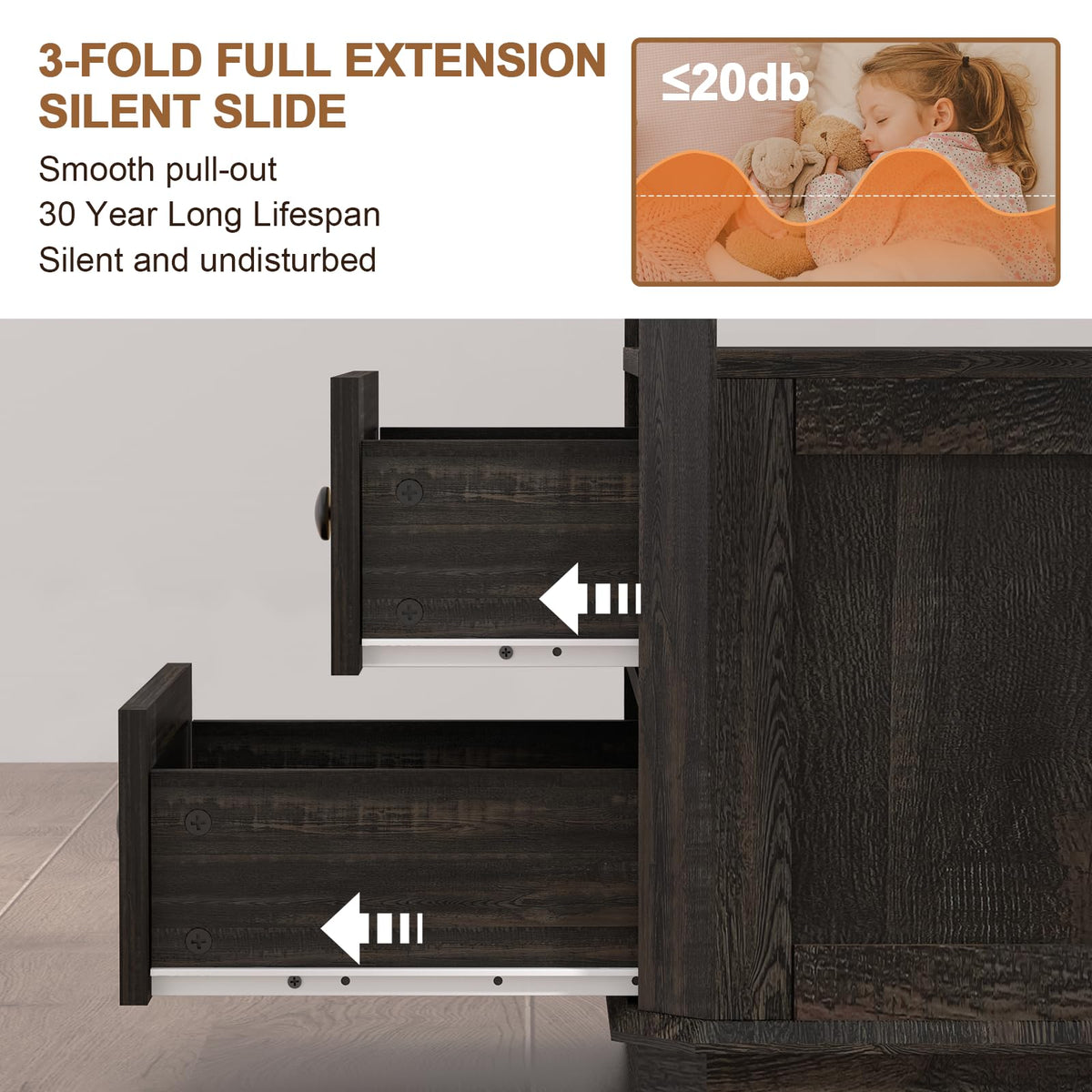 REDAYFUR End Table with Charging Station, 18" Small Modern Farmhouse Nightstand with Rattan Drawers, Tall Bedside Table & 2-Drawer Dresser for Bedroom, Living Room, Hallway, Black