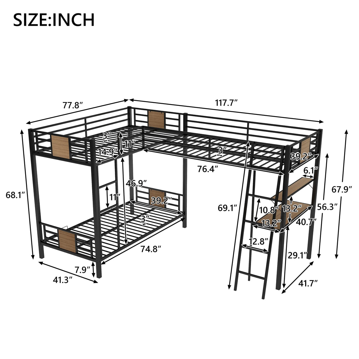 L-Shaped Twin Over Twin Bunk Bed with Twin Size Loft Bed with Desk and Shelf,Brown