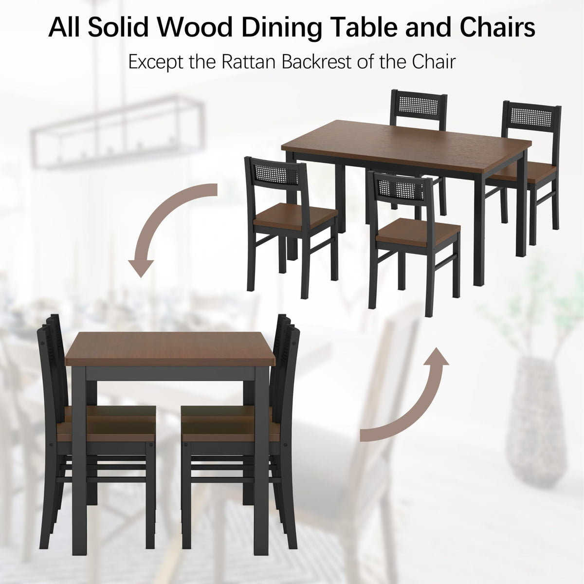 Orweiin Dining Table Set for 4, Solid Wood Kitchen Table Chairs Set of 4, 43.3” Space-Saving Mid Century Modern Dining Room Table with Chairs for Kitchen, Living Room, Breakfast Nook, Black&Brown