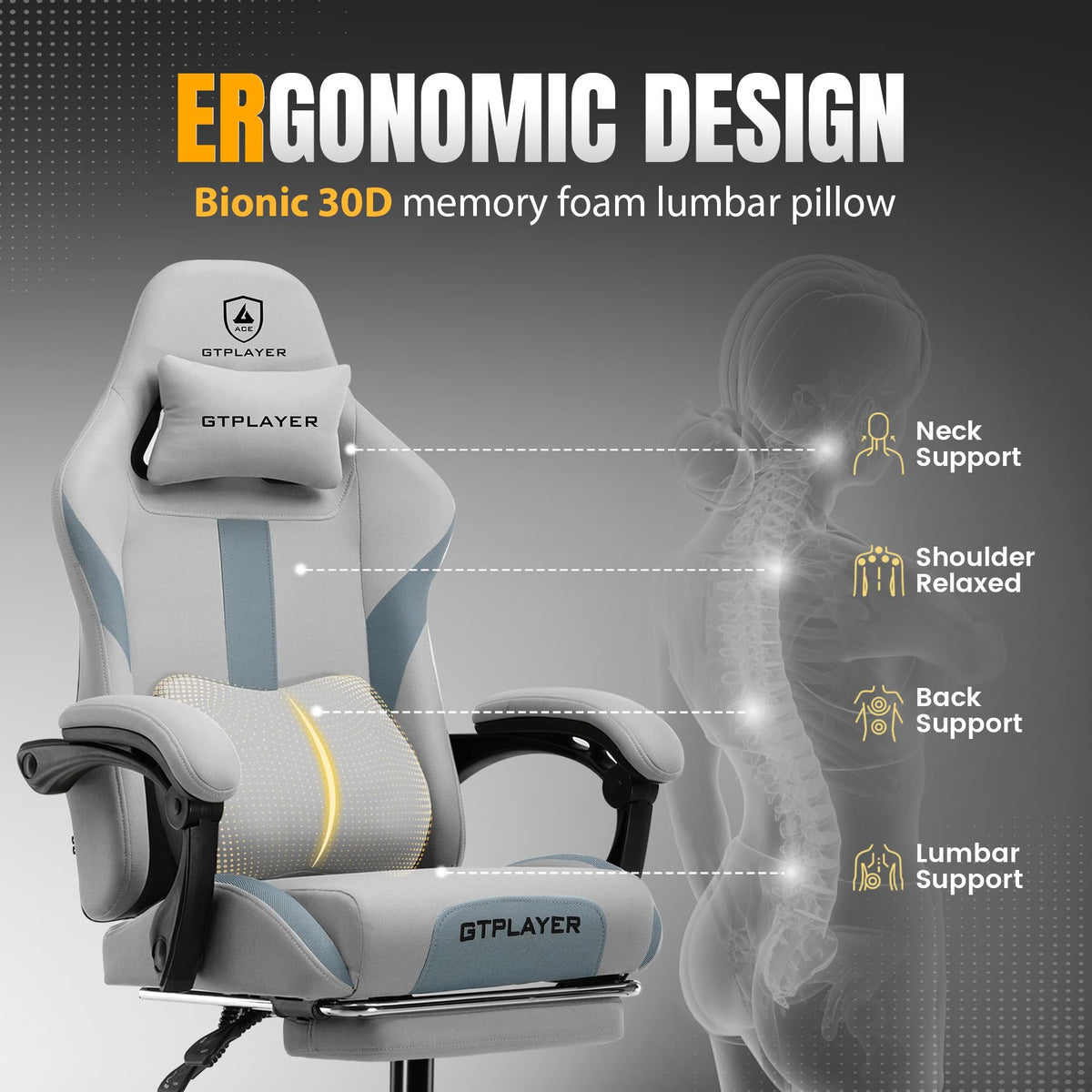 GTPLAYER Gaming Chair with Foot Rest & Pocket Spring Cushion, Ergonomic High Back Computer Desk Chair with Headrest & Lumbar Support for Back Pain Relief, Breathable Fabric, Mist-Blue
