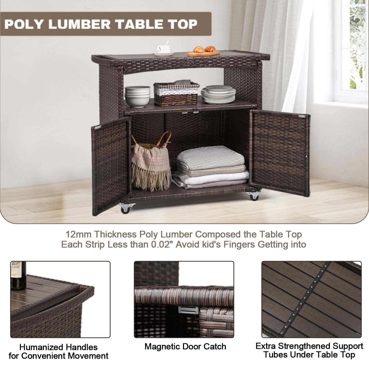 Outdoor Storage Cabinet,Outdoor Cabinet for Patio Outdoor Bar Cart with Rolling Heels Patio Bar Table with Storage Wicker Buffet Cabinet Prep Table Kitchen Serving Cart with Door,Shelves,Handle Brown