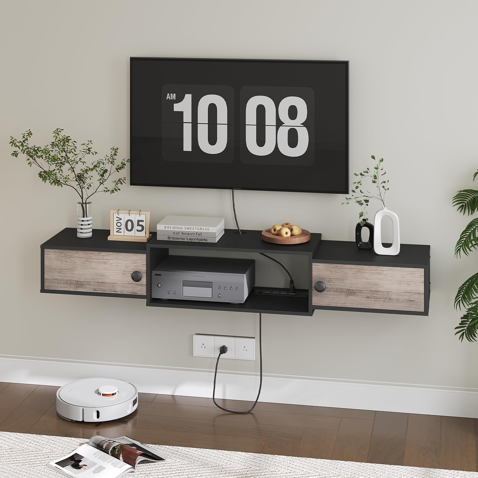 HOOBRO 55" Floating TV Stand with Power Outlets, Modern Wall Mounted Media Console Shelf with Doors, Entertainment Center for Under TV Storage, for Living Room, Bedroom, Greige and Black BG11UDS01