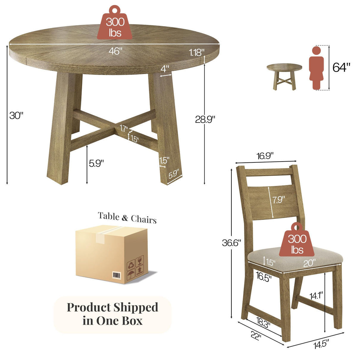 Round Solid Wood Dining Set for 4