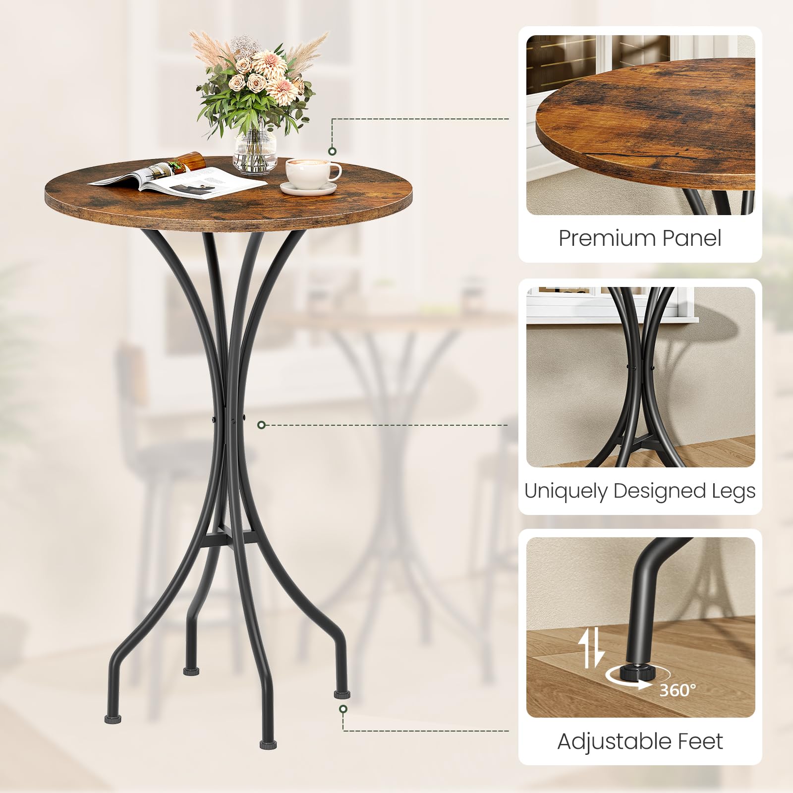CHOEZON Bar Table, Round High Top Table, Home Counter Height Table, for Kitchen, Pub, Bistro, Living Room, Meeting Room, Rustic Brown and Black TBT06BF