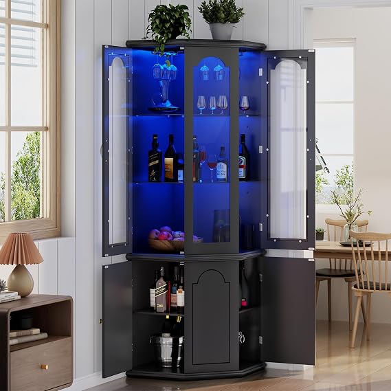 LED Corner Bar Cabinet with Adjustable Shelves