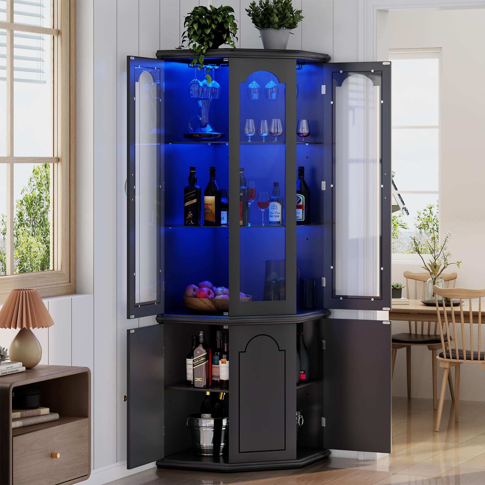 Corner Bar Cabinet with LED Lights & Tempered Glass Door