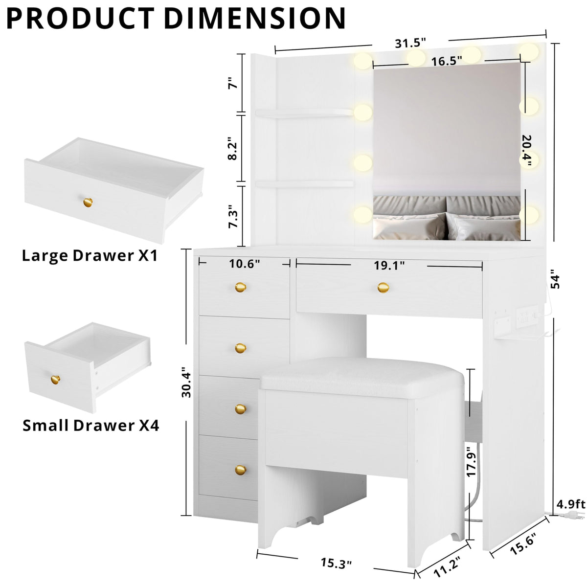 IRONCK Vanity Desk with Mirror and Lights, White