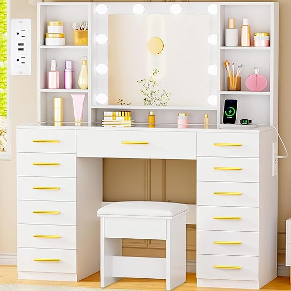 Makeup Vanity Desk with Lighted Mirror, 13 Drawers & Glass Top