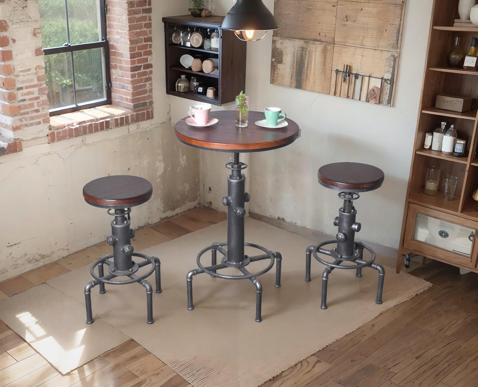 Industrial Round Bar Table & 2 Stools Set