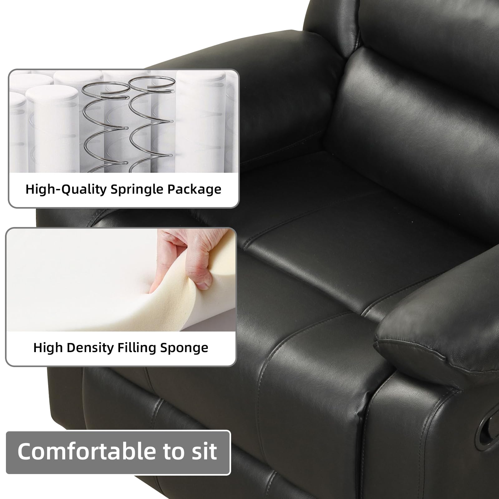 CANMOV Recliner Chair for Adults, Waterproof PU Leather Recliner, Soft Plush Overstuffed Manual Recliner with Footrest for Living Room Home Theater, Heavy Duty, Easy Clean(Black)