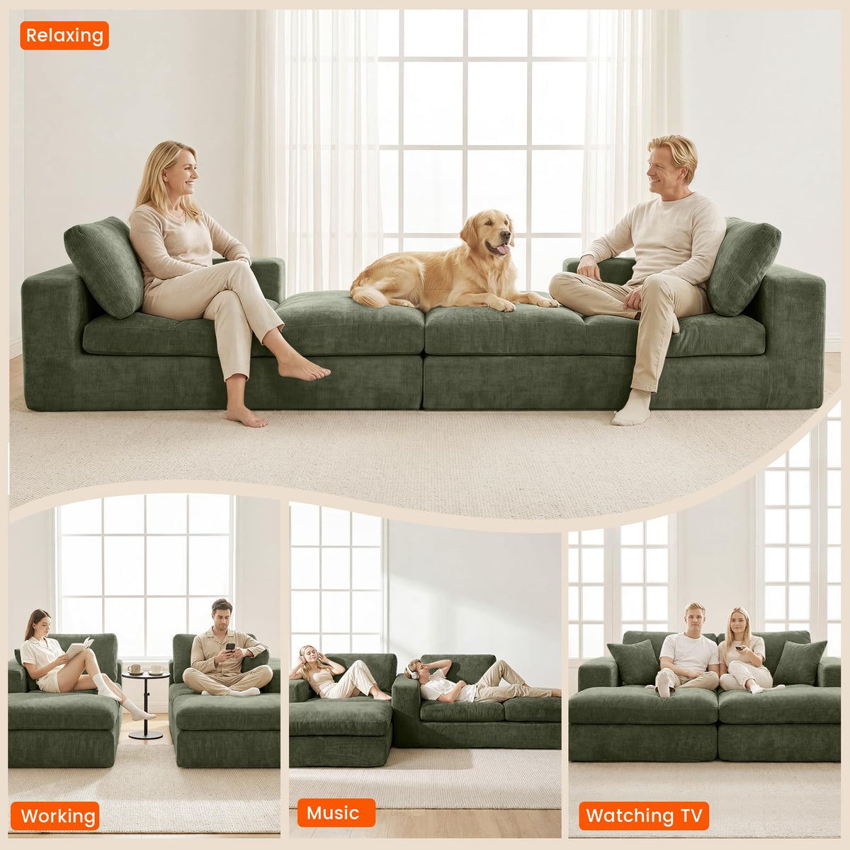 Mifnas Oversized Double Chaise Lounge Chair, Cloud Boneless Sofa Bed, Green