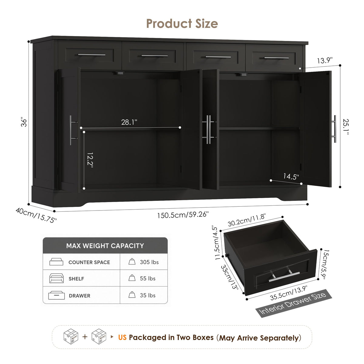 HOSTACK 60" W Sideboard Buffet Cabinet with Storage, Kitchen Cabinet, Black