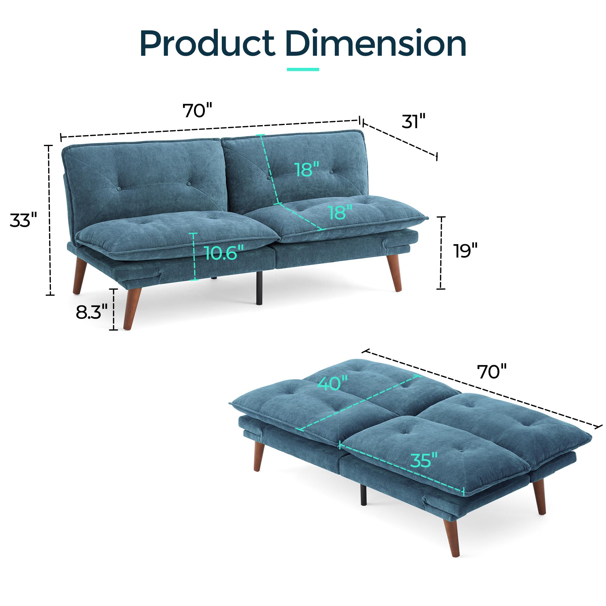 LINSY HOME Futon Sofa Bed, 70" Chenille Futon Couch with Adjustable Backrest Armrest, 3 in 1 Convertible Comfy Loveseat Sleeper Sofa Bed for Small Spaces Dorm Room Apartment Home Office, Blue