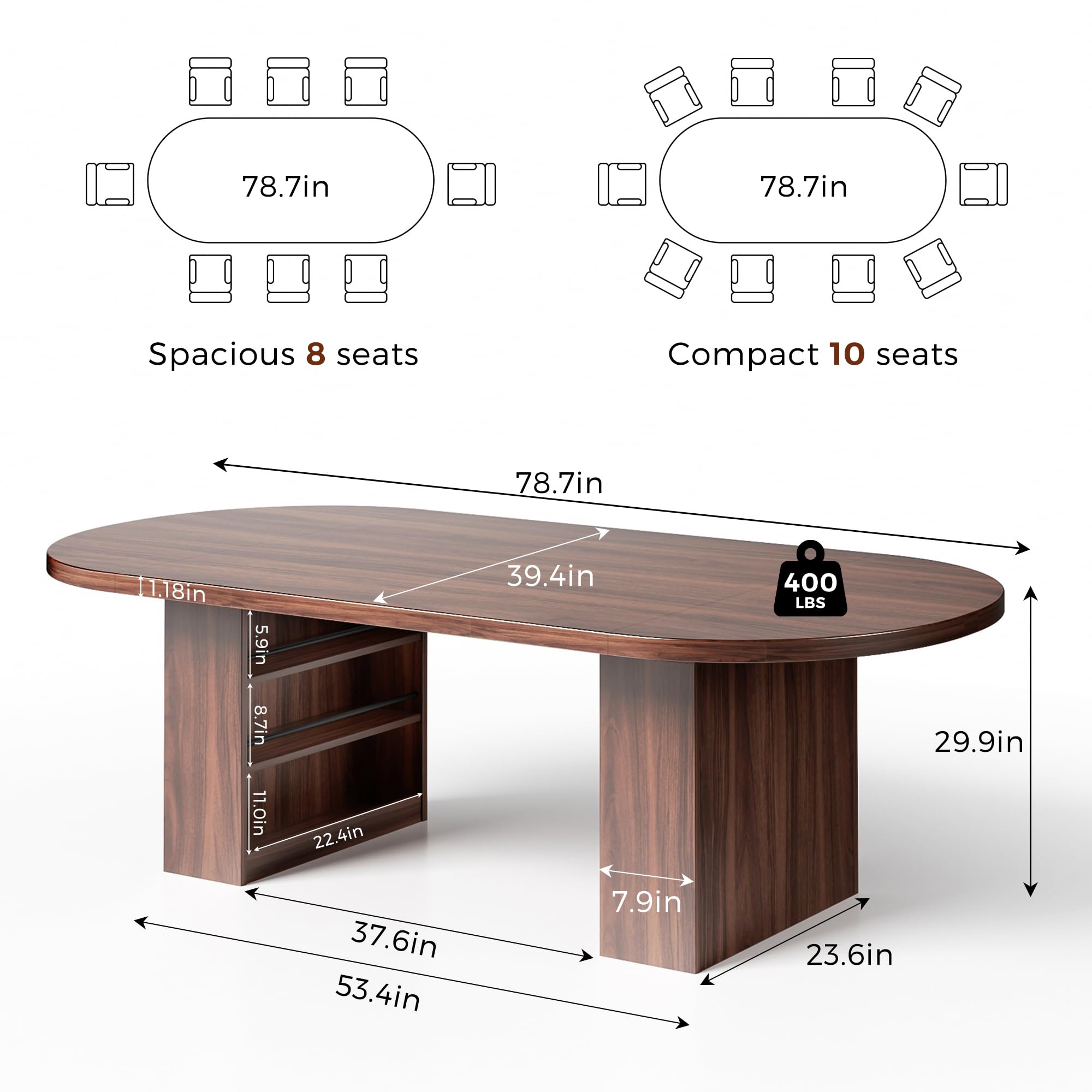 Jocoevol 78.7" Dining Table for 6-10 People, Oval Dining Room Table with 3-Tier Storage Shelf, Modern Wood Kitchen Tables with Heavy Duty Pedestal Base for Home, Dining Room, Walnut