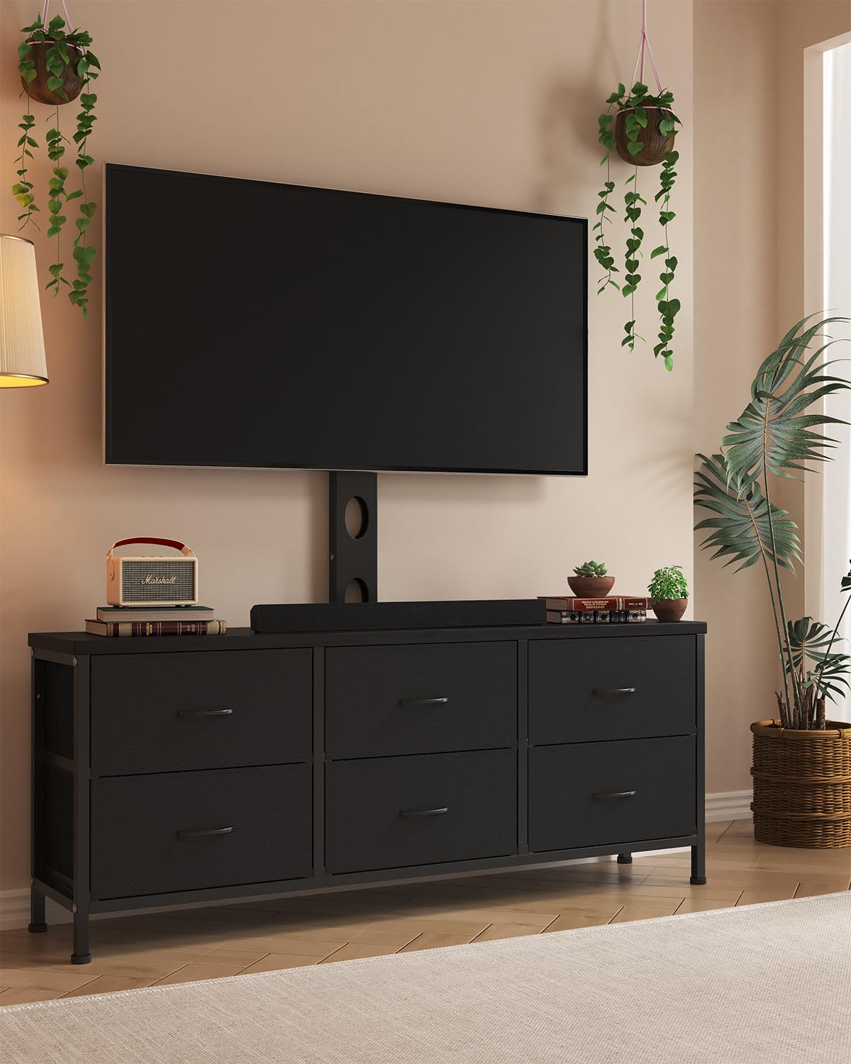 DrawXynth TV Stand with Mount, Fabric Dresser with 6 Drawers for 32/45/55/60/65/75 inch TVs, Black Dresser Entertainment Center, Modern Media TV Console Table