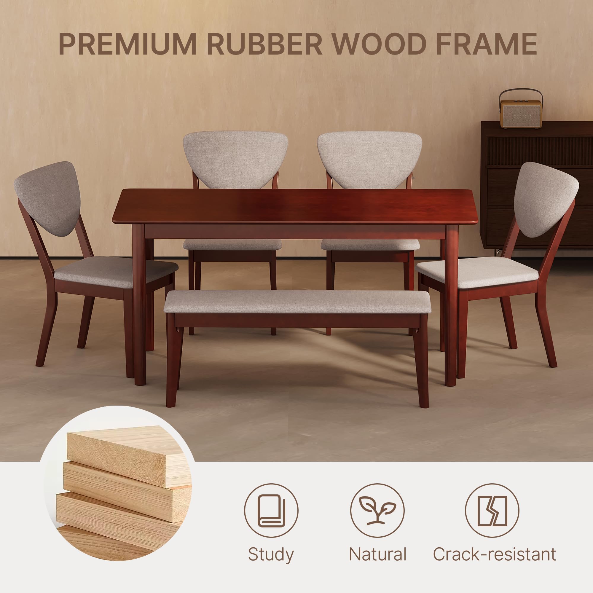 6-Piece Solid Rubberwood Dining Set with Bench & Upholstered Chairs