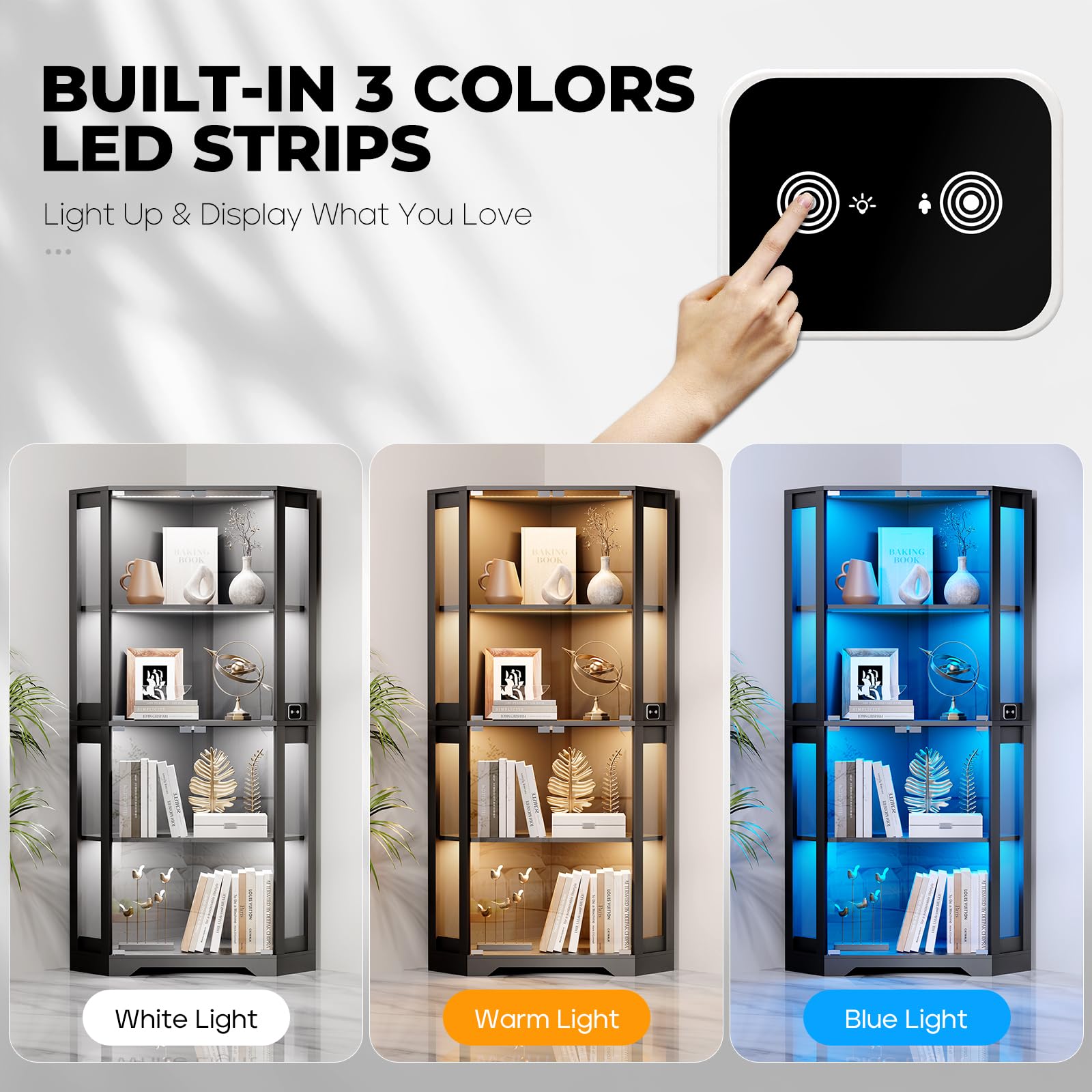 4-Tier Corner Glass Display Cabinet with LED Lights