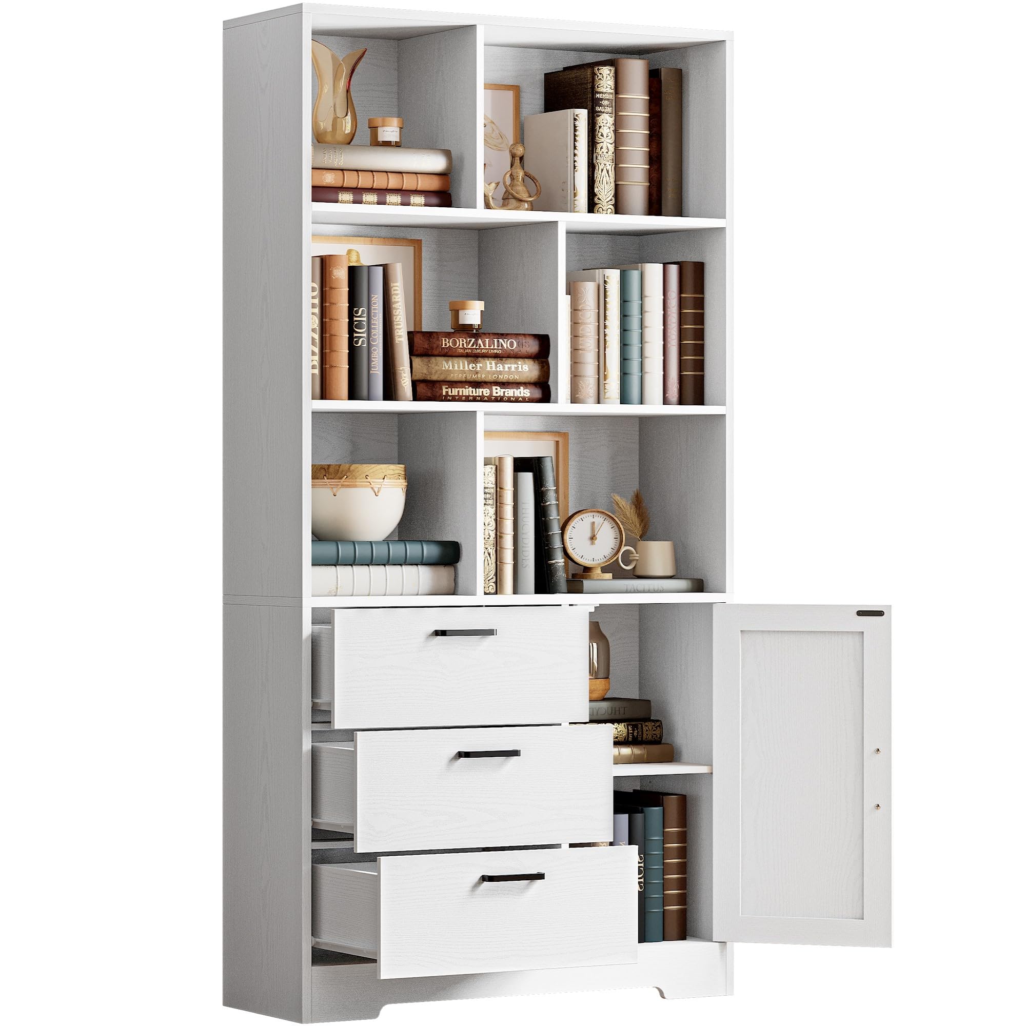 IRONCK Bookshelf, 70.9 Inch Tall Bookcase, White Book Shelf with Doors and 3 Drawers, 3-Tier Bookshelves with 6 Open Cubes for Home Office, Living Room, Study