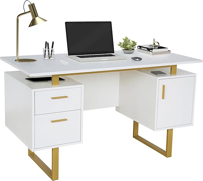 Modern Office Desk with Storage Drawers & File Cabinet