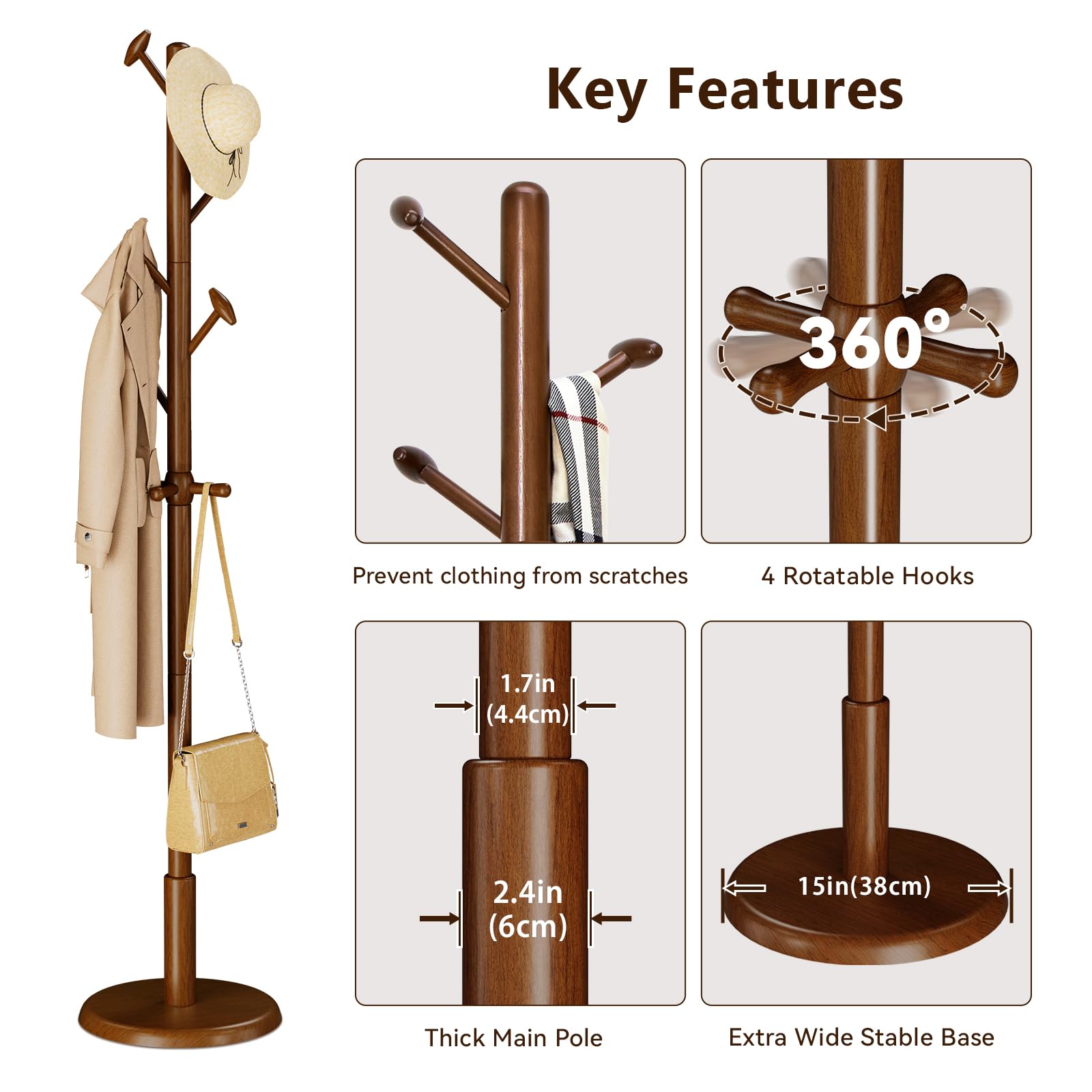 Freestanding Wood Coat Rack with 10 Hooks