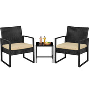 3-Piece Rattan Bistro Set with Tempered Glass Coffee Table