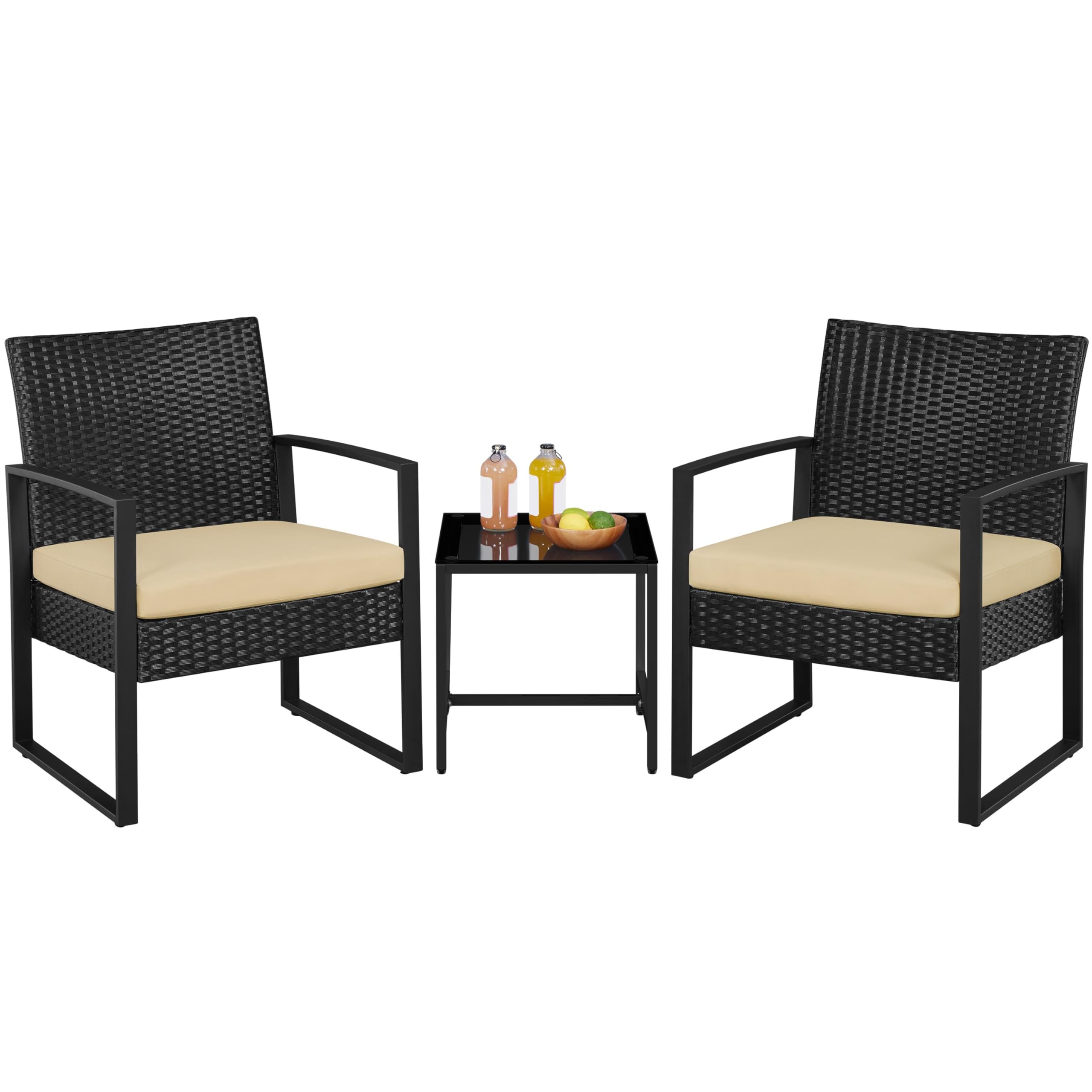 3-Piece Rattan Bistro Set with Tempered Glass Coffee Table