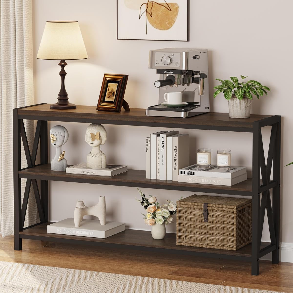 FATORRI Console Table for Entryway, 55 Inch Modern Entry Table with 3 Tier Shelves, Couch Tables Behind Sofa for Living Room, Dark Walnut