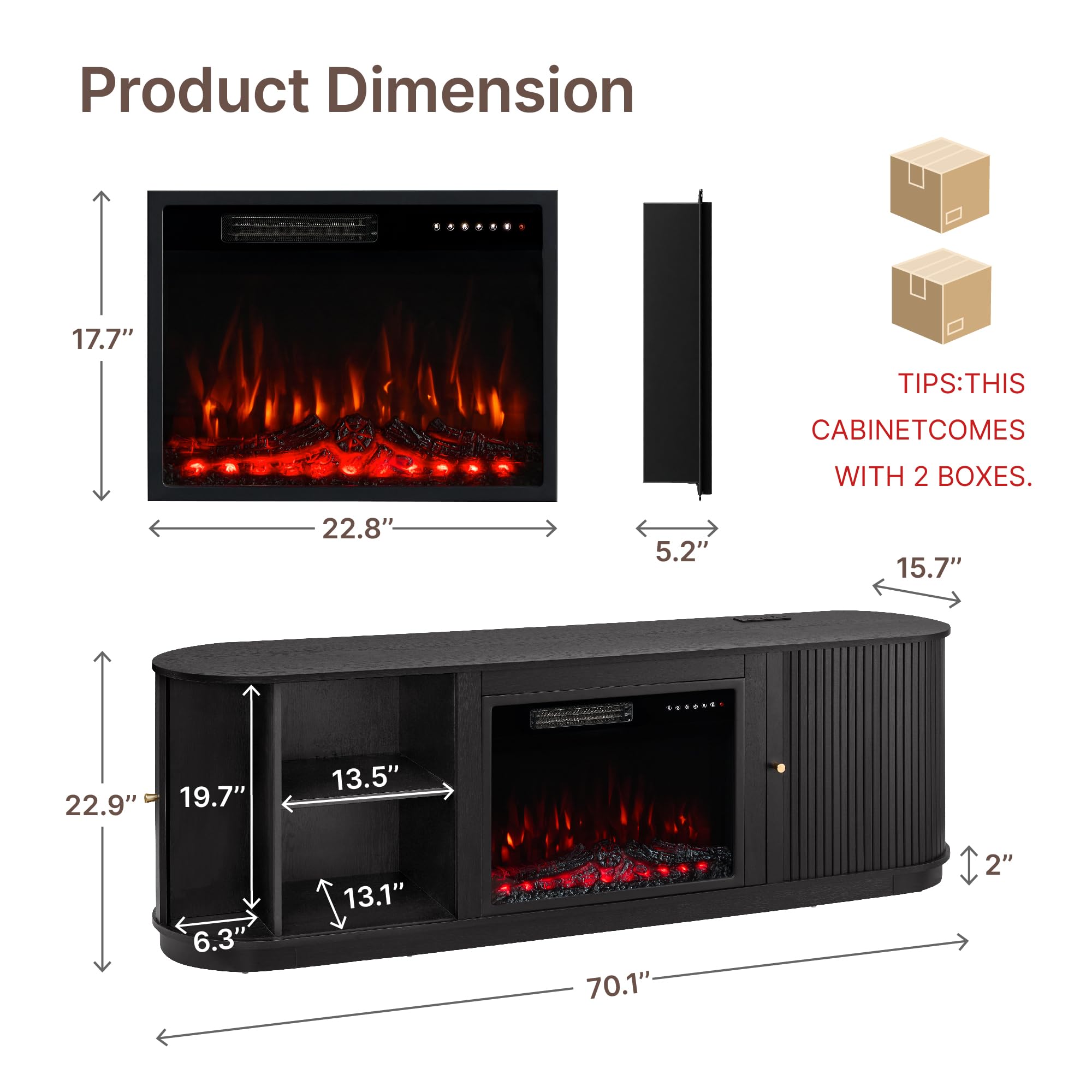 KISLOT 70'' Fluted Fireplace TV Stand for TVs Up to 80",Sliding Tambour Doors,Modern Entertainment Center with 23" Electric Fireplace, Power Outlet & Cable Management, Media Console for Living Room