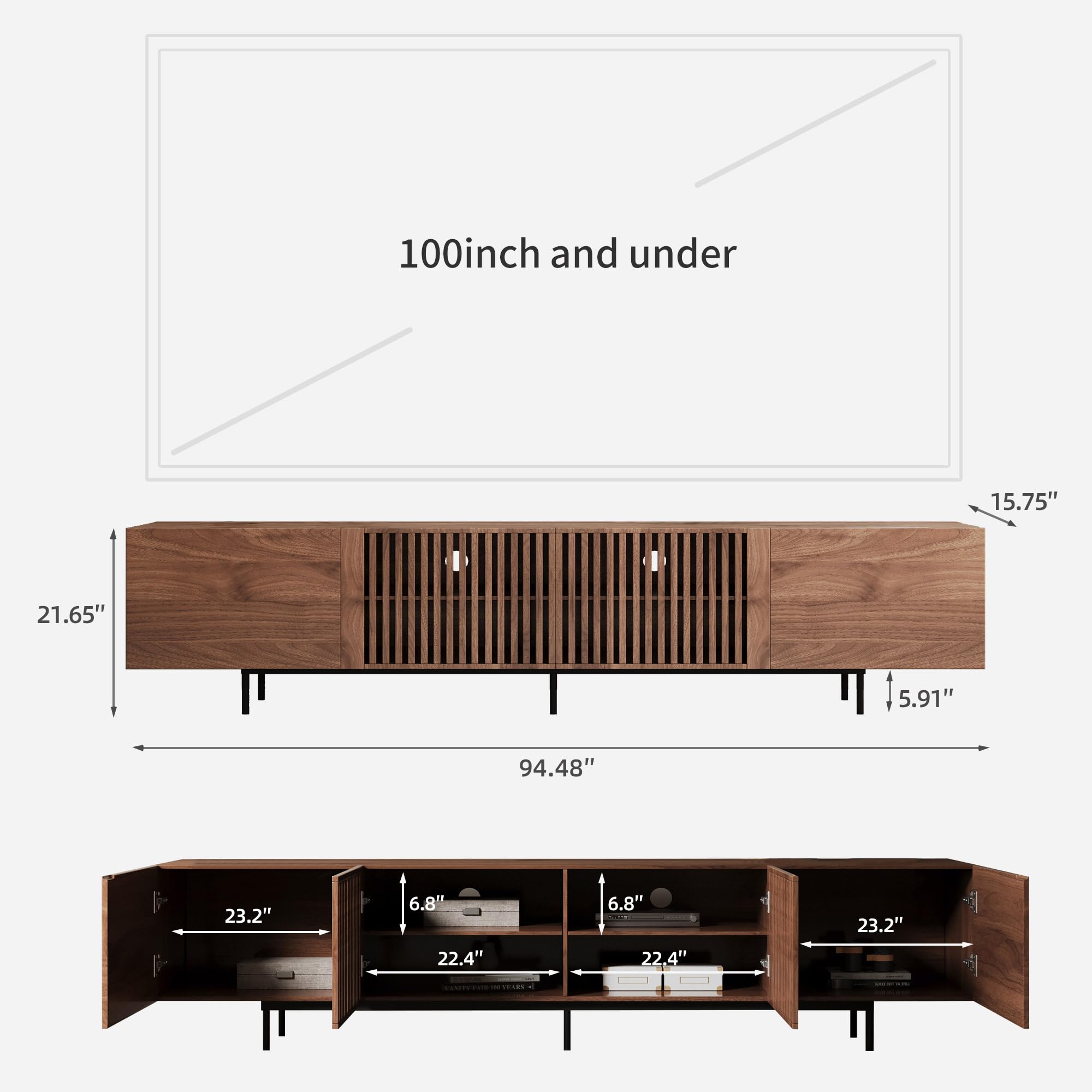 gaoyangjiaju 94.48" Mid-Century Modern TV Stand, Walnut Media Console with 4 Storage Cabinets, Entertainment Center for TVs up to 100 Inches, Ideal for Living Room or Bedroom