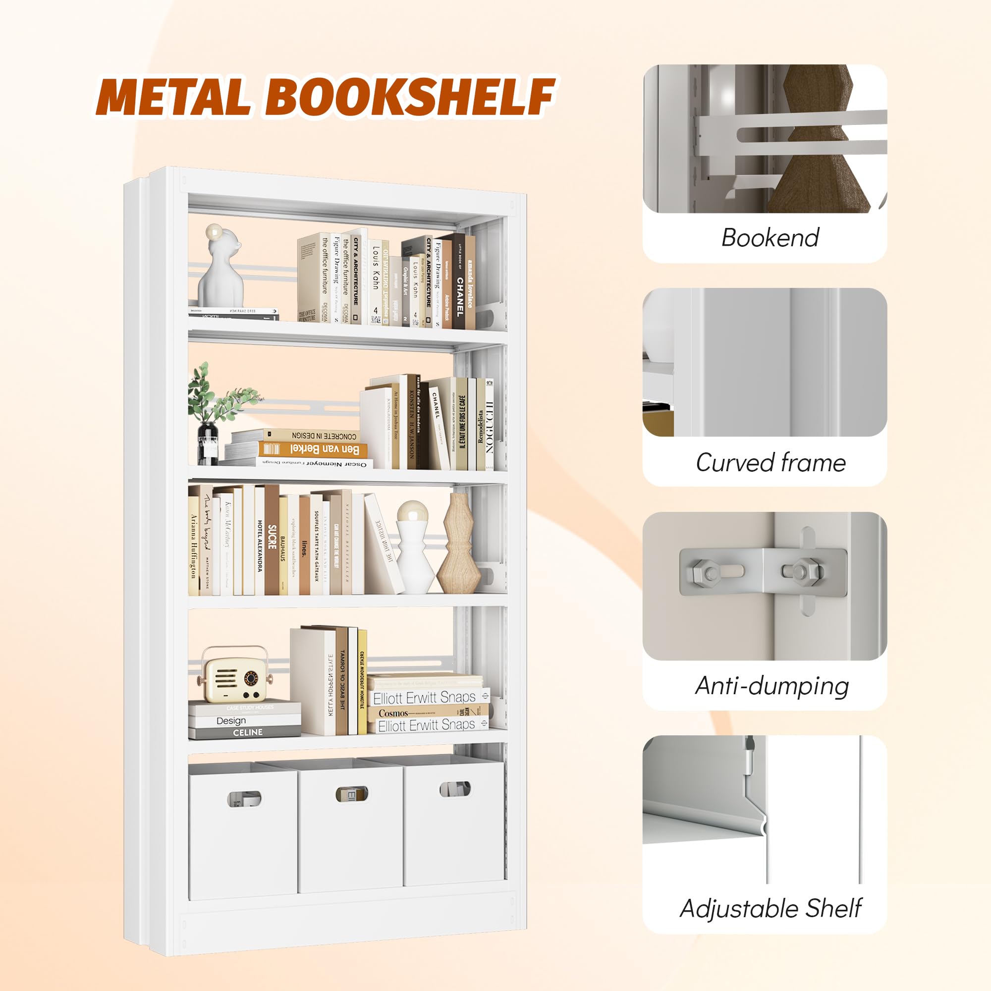 5-Tier Metal Bookshelf with Adjustable Shelves