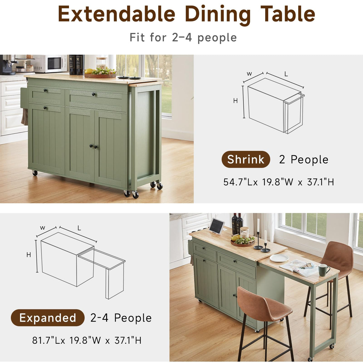 Kitchen Islands with Extendable Dining Table, Mobile Storage Islands, Green